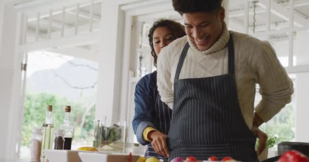 Video Happy Biracial Man Preparing Meal Kitchen Domestic Lifestyle Leisure — Vídeo de Stock