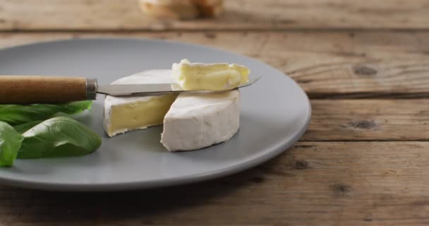 Video Knife Soft Cheese Plate Rustic Wooden Table Copy Space — ストック動画