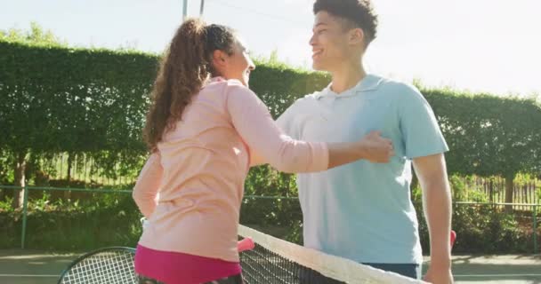 Video Happy Biracial Couple Playing Tennis Court Healthy Active Lifestyle — 图库视频影像