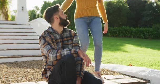 Video Happy Caucasian Warmly Dressed Couple Spending Time Garden Domestic — Stockvideo