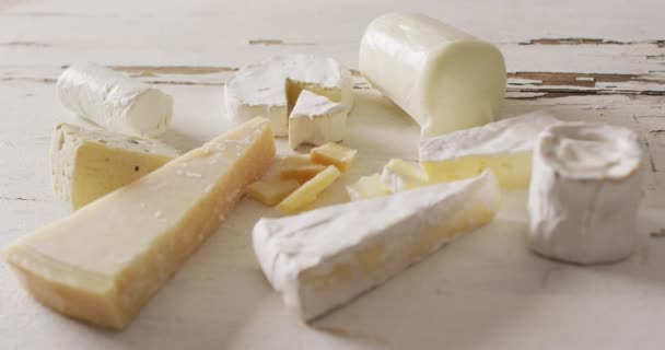 Video Assorted Hard Soft Cheeses Rustic White Wooden Table Top — 비디오