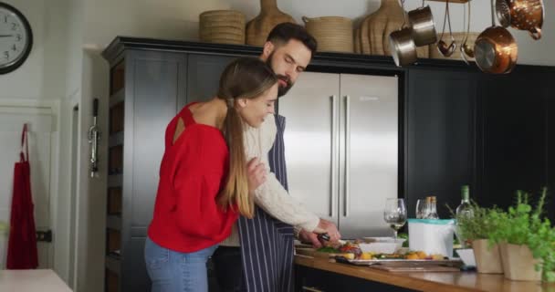 Video Happy Caucasian Couple Cooking Kitchen Domestic Lifestyle Leisure Home — Vídeo de Stock