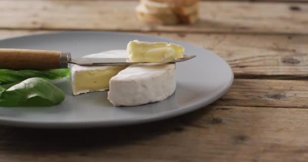 Video Knife Soft Cheese Plate Rustic Wooden Table Copy Space — Stock video