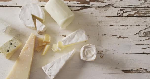 Video Assorted Hard Soft Cheeses Rustic White Wooden Table Top — Video