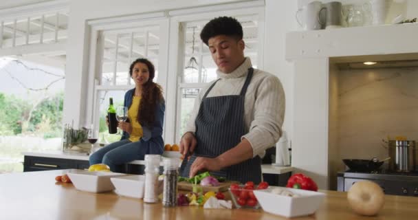 Video Happy Biracial Couple Preparing Meal Together Drink Wine Domestic — Vídeo de Stock