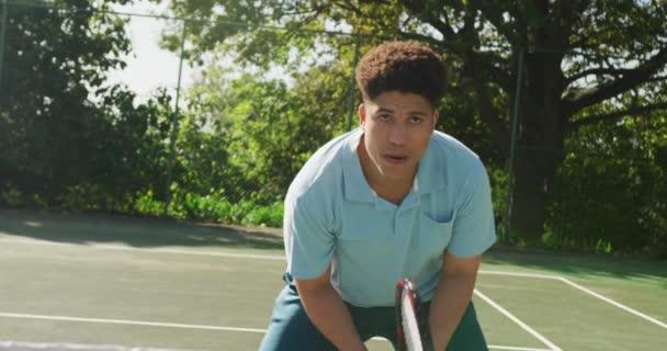 Video Happy Biracial Man Playing Tennis Court Healthy Active Lifestyle — Stockvideo