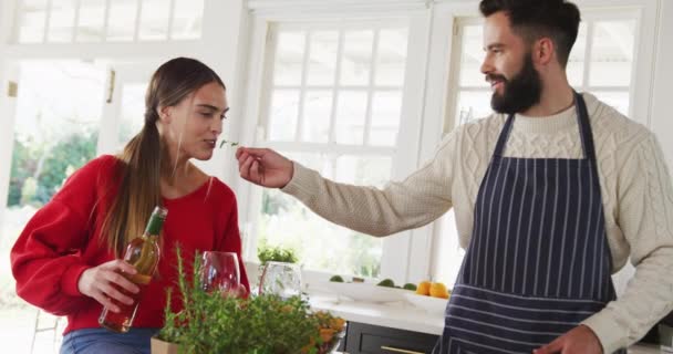 Video Happy Caucasian Couple Cooking Drinking Wine Domestic Lifestyle Leisure — Video Stock