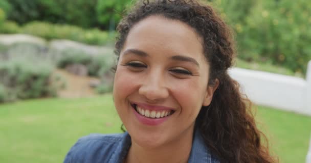 Video Happy Biracial Woman Smiling Garden Domestic Lifestyle Leisure Time — Video Stock