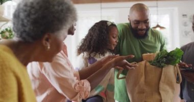 Kızı ve büyükannesi olan mutlu Afrikalı Amerikalı ebeveynlerin yiyecek paketlerini açtığı video. Aile, aile hayatı ve birliktelik kavramı dijital olarak oluşturulmuş video.