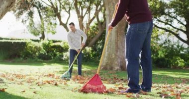 Video of happy caucasian senior father and adult son raking up autumn leaves in garden. Family, domestic life and togetherness concept digitally generated video.