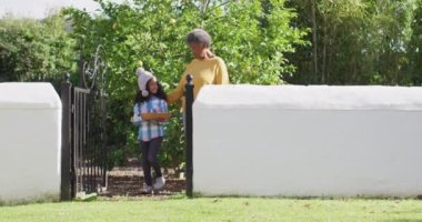 Mutlu Afrikalı Amerikalı torun ve büyükannenin bahçeden meyve sepeti taşıdığı video. Aile, aile hayatı ve birliktelik kavramı dijital olarak oluşturulmuş video.