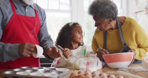 Video Glada Afrikanska Amerikanska Barnbarn Baka Med Morföräldrar Köket Familj — Stockvideo