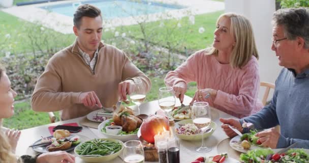 Video Happy Caucasian Grandfather Telling Story Outdoor Family Dinner Table — Stok video