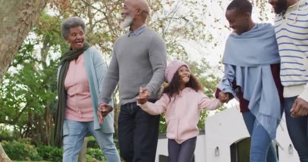 Video Felici Genitori Afroamericani Nonni Che Camminano Con Nipote Giardino — Video Stock