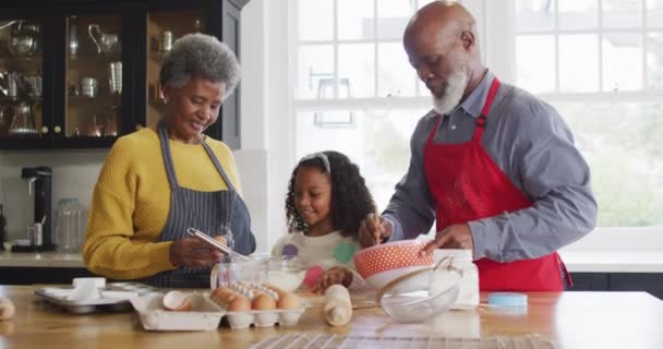 Video Glada Afrikanska Amerikanska Barnbarn Matlagning Med Morföräldrar Köket Familj — Stockvideo