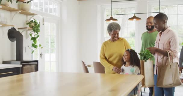 Відео Щасливих Афроамериканських Батьків Дочкою Дідусем Бабусею Які Приходять Додому — стокове відео