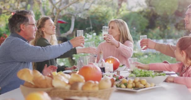Video Happy Caucasian Parents Daughter Grandparents Making Toast Outdoor Dinner — Vídeo de stock