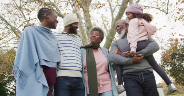 Відео Щасливих Батьків Афроамериканців Дідусем Бабусею Які Доглядають Внучкою Саду — стокове відео