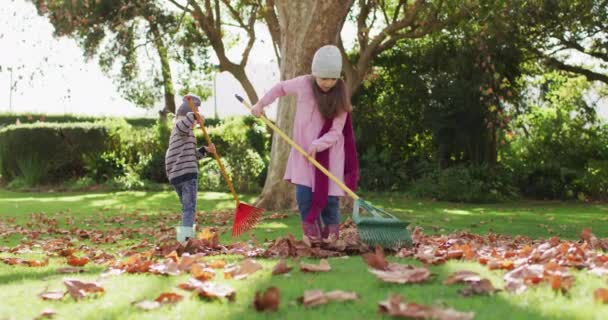 Video Happy Caucasian Brother Sister Raking Autumn Leaves Sunny Garden — Video