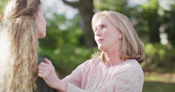 Video Emotional Caucasian Senior Mother Adult Daughter Hugging Garden Family — Video