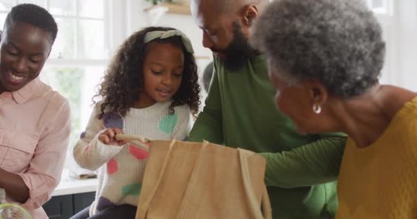 Video Glade Afrikanske Amerikanske Forældre Med Datter Bedstemor Udpakning Mad – Stock-video