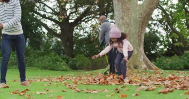 Mutlu Afrikalı Amerikalı baba ve kızının büyükbabasıyla bahçede yaprak topladığı bir video. Aile, aile hayatı ve birliktelik kavramı dijital olarak oluşturulmuş video.