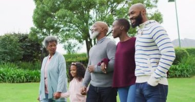 Mutlu Afrikalı Amerikalı ebeveynlerin ve büyük ebeveynlerin bahçede torunlarıyla yürüdükleri bir video. Aile, aile hayatı ve birliktelik kavramı dijital olarak oluşturulmuş video.