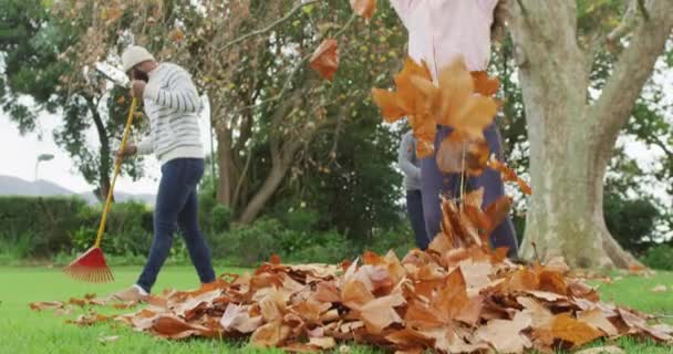 아프리카 미국인 정원에서 아버지와 할아버지와 나뭇잎을 던지는 비디오 디지털로 만들어 — 비디오