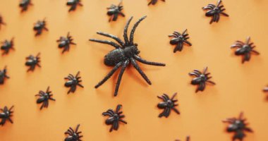 Turuncu arka planda birden fazla örümcek oyuncağının yakın görüntüsü. Cadılar Bayramı bayramı ve kutlama konsepti