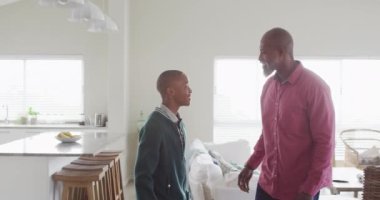 Mutlu Afro-Amerikan baba ve oğlunun evde kucaklaşmasının videosu. Aile ve birlikte vakit geçirmek..