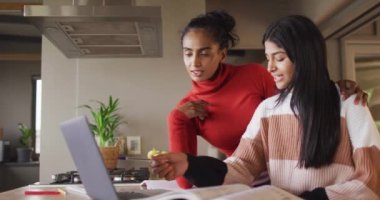 Video of focused biracial women working from home with laptop. Friendship, working from home and spending time together.