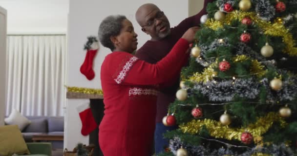 Ευτυχισμένο Ζευγάρι Αφροαμερικανών Που Στολίζουν Χριστουγεννιάτικο Δέντρο Στο Σαλόνι Χριστούγεννα — Αρχείο Βίντεο