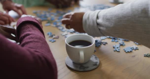 Dłonie Grupy Różnych Starszych Przyjaciół Pijących Kawę Układających Puzzle Domu — Wideo stockowe
