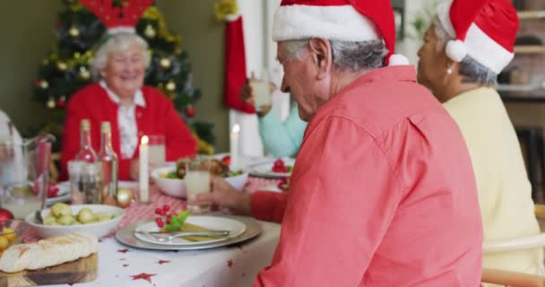 Szczęśliwy Starszy Mężczyzna Patrzący Kamerę Świętujący Posiłek Przyjaciółmi Boże Narodzenie — Wideo stockowe