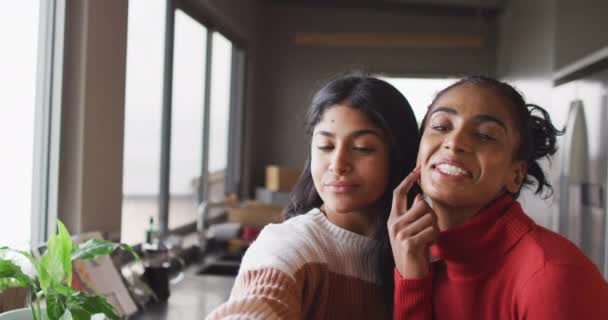 Video Happy Biracial Female Friends Kissing Cheek Friendship Having Fun — Stock Video