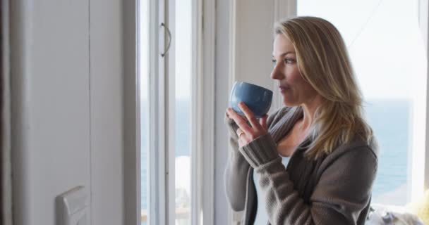 Dojrzała Kobieta Wyglądająca Przez Okno Pijąca Kawę Spędzanie Wolnego Czasu — Wideo stockowe