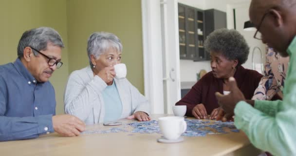 Grupo Felices Diversos Amigos Mayores Tomando Café Haciendo Rompecabezas Casa — Vídeos de Stock