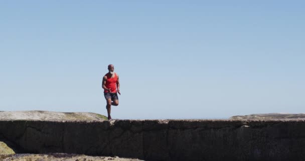 Homme Afro Américain Expérimenté Faisant Exercice Sur Des Rochers Bord — Video