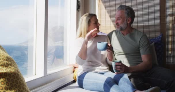 リラックスした白人の成熟したカップルはコーヒーを飲み 日当たりの良いリビングルームで話しています 余暇を家で楽しむ — ストック動画