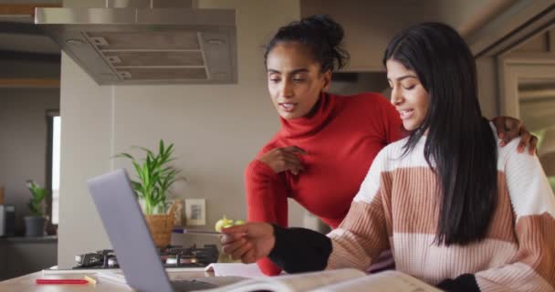 Video Focused Biracial Women Working Home Laptop Friendship Working Home — Video Stock