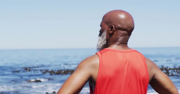 Hombre Afroamericano Mayor Ejercitándose Mirando Mar Salud Fitness Autoaislamiento Retiro — Vídeo de stock