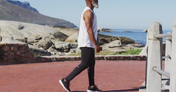 Homem Afro Americano Sênior Exercitando Rochas Junto Mar Fitness Fitness — Vídeo de Stock