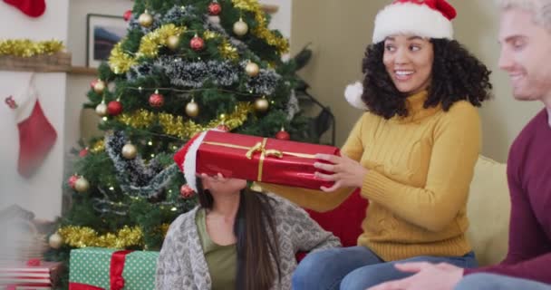 Happy Diverse Group Friends Sharing Presents Christmas Time Christmas Festivities — Stock Video