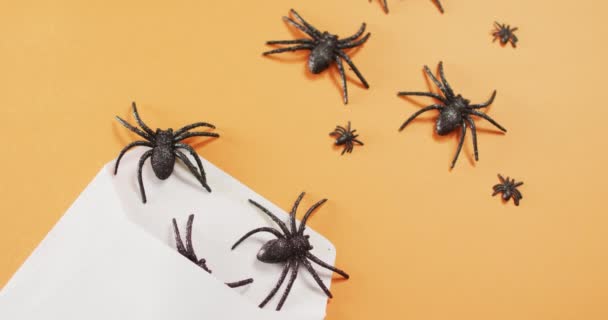 多个蜘蛛玩具在橙色背景下从信封里出来 庆祝活动与庆祝活动概念之间的距离 — 图库视频影像