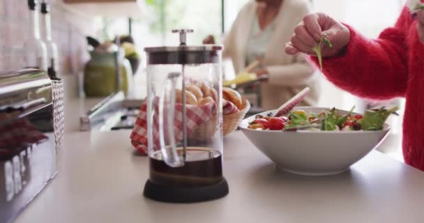 Kafkas Kıdemli Kadının Elleri Mutfağa Salata Koyuyor Emeklilik Hayatı Yemek — Stok video