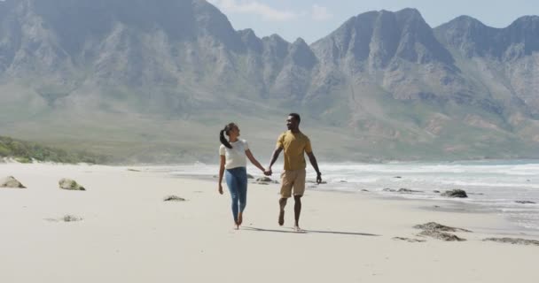 Ένα Ζευγάρι Αφροαμερικανών Κρατάει Χέρια Και Περπατάει Στην Παραλία Φύση — Αρχείο Βίντεο