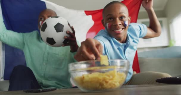 Video Šťastného Afrického Amerického Otce Syna Fotbalovým Míčem Sledujícím Zápas — Stock video
