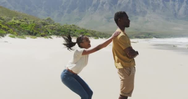 African American Man Giving Piggyback Ride His Wife Beach Nature — Stock Video