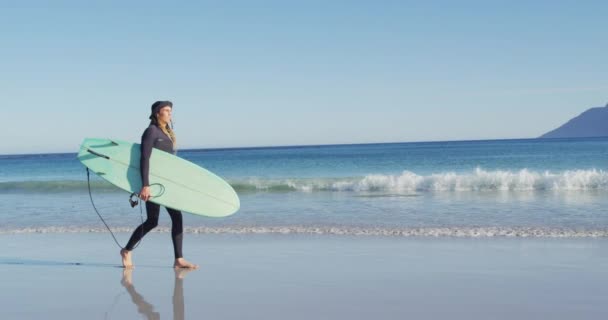 Video Hombre Caucásico Con Rastas Traje Neopreno Llevando Tabla Surf — Vídeos de Stock