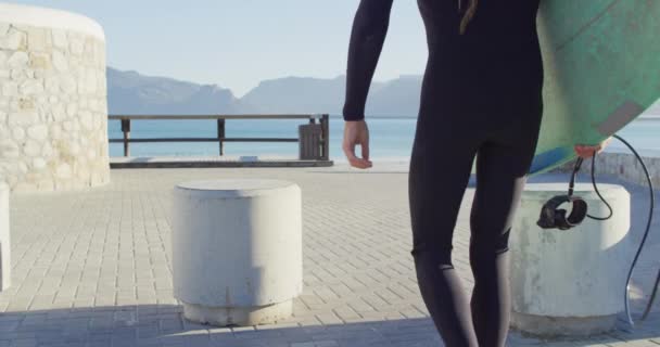 Dalgıç Kıyafetli Beyaz Bir Adamın Güneşli Gezinti Güvertesinde Sörf Tahtası — Stok video